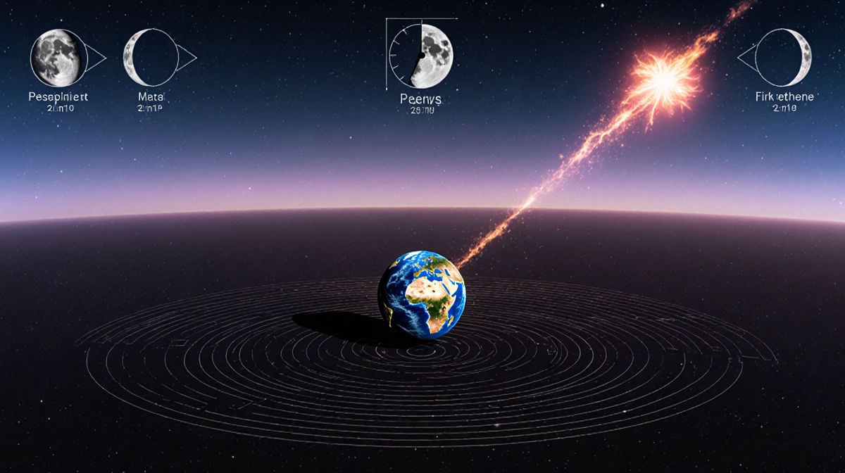 Earth rotating toward bright solar flare with swirling solar wind lines and a moon phase clock in the corner
