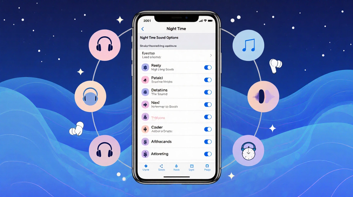 Smartphone screen shows night-time sound options with earbuds and gentle wave patterns in calming pastel colors
