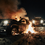 Overturned Tahoe car crash smoking with flames licking edges and headlights illuminating a deserted highway at night