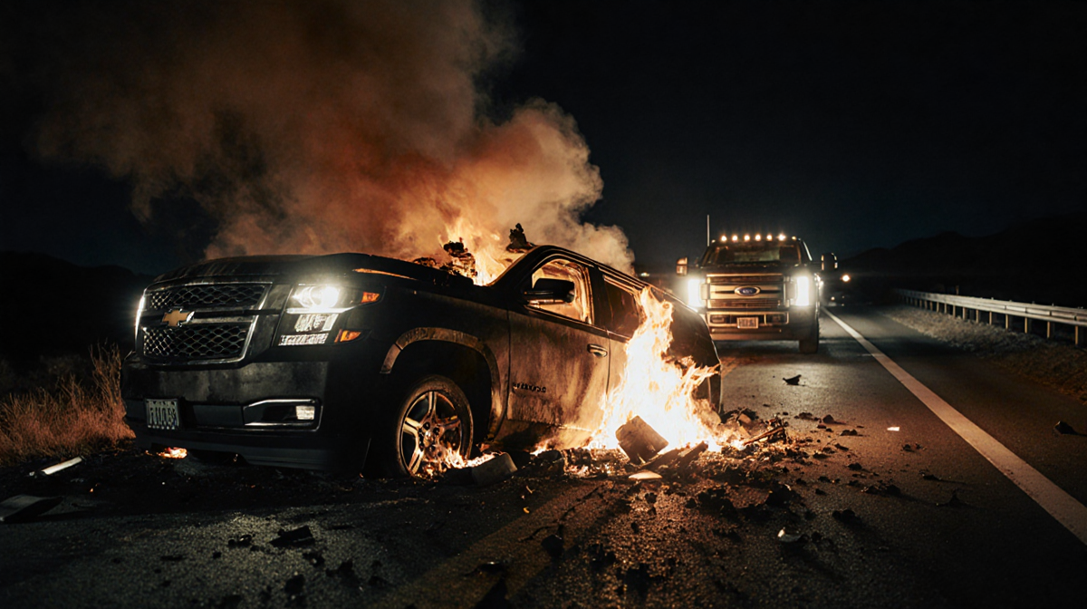 Overturned Tahoe car crash smoking with flames licking edges and headlights illuminating a deserted highway at night