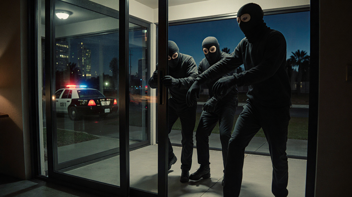 Three masked figures pushing open a glowing rear glass slider with a dark LA skyline and distant police car.