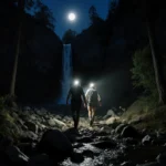 Two hikers ascend rocky trail with headlamps glowing near Switzer Falls creek under moonlit forest