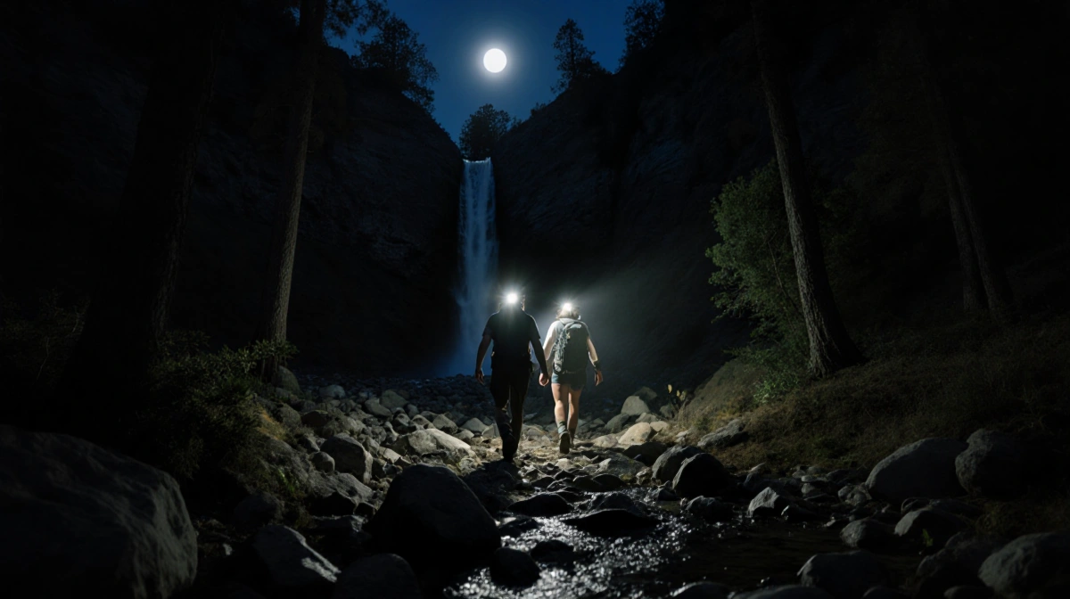 Two hikers ascend rocky trail with headlamps glowing near Switzer Falls creek under moonlit forest