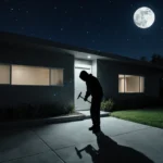 Figure in black hoodie holds crowbar to break LA house door with moonlit night and city lights.