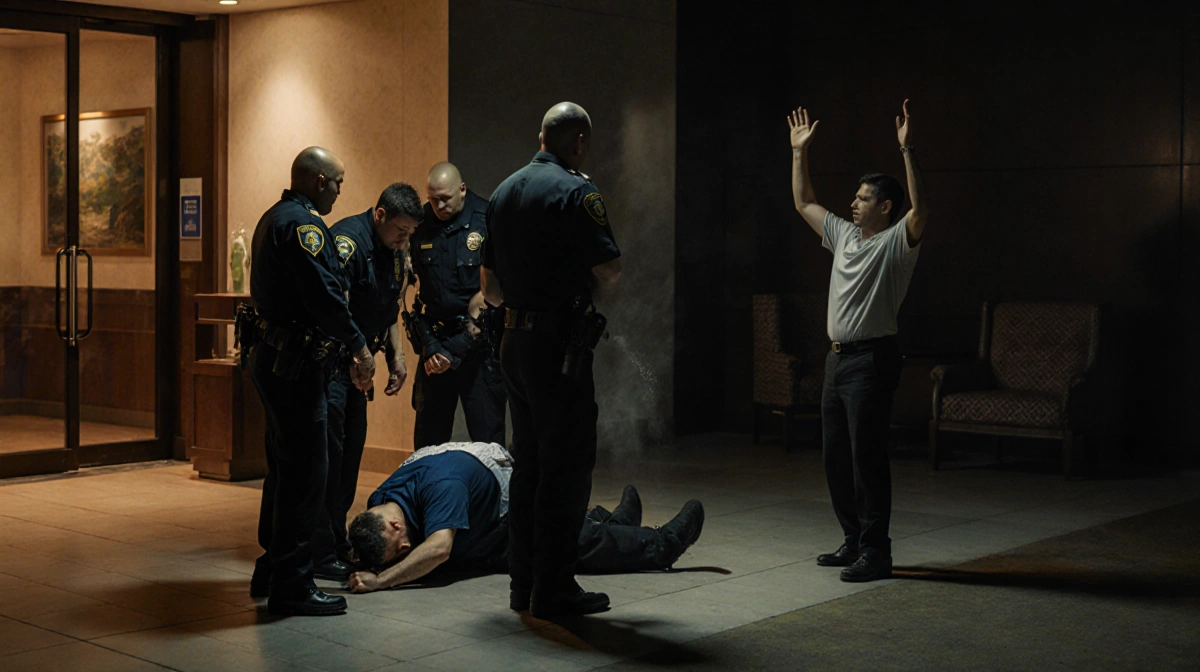 Law enforcement holds a handcuffed person on the ground with suspect raising arms near a hotel lobby entrance low lighting.