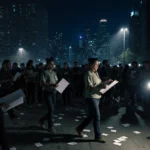 Volunteers distribute flyers and hold clipboards with city lights glowing behind them
