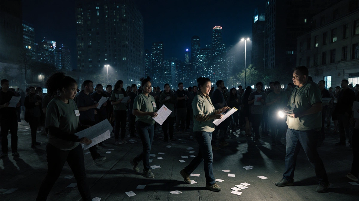 Volunteers distribute flyers and hold clipboards with city lights glowing behind them