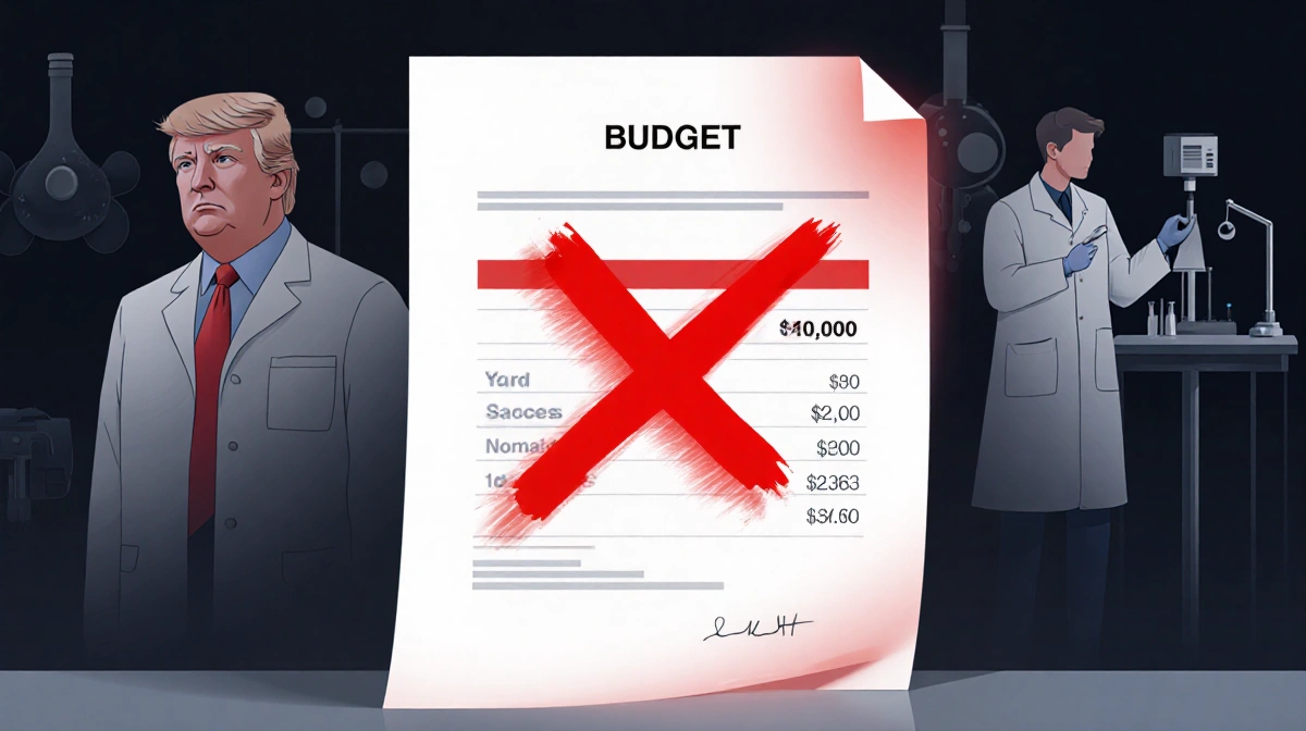 Redacted budget document marked with X showing NIH funding cuts with scientists and lab equipment fading in background