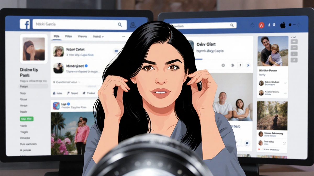 Nikki Garcia sitting confidently with hands in hair while social media screens blur behind her