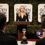 Nikki Glaser roasting CBS News anchors at Golden Globes podium with trophy and logo behind