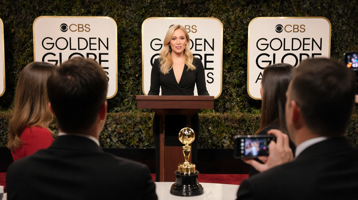 Nikki Glaser roasting CBS News anchors at Golden Globes podium with trophy and logo behind