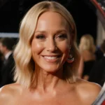 Nikki Glaser poses at the Golden Globes with glowing tan and natural lines reflecting in a sleek silver mirror with red carpe