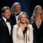Nikki Glaser performing stand-up at Golden Globes with Brad Pitt behind her and celebrities laughing in background