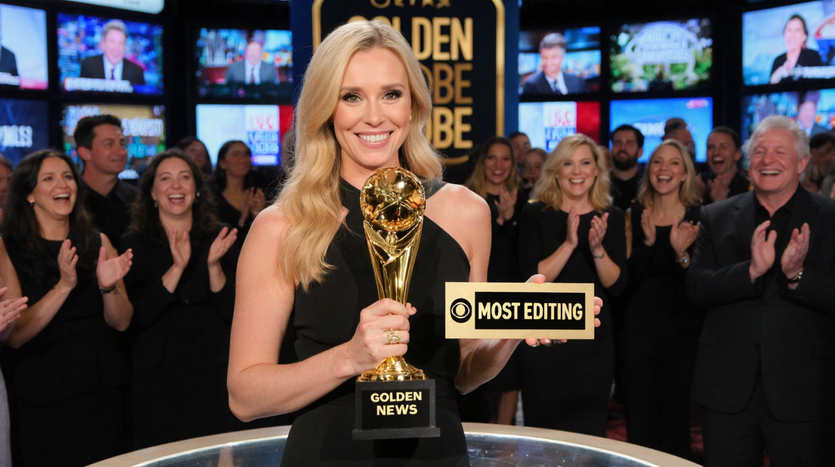 Nikki Glaser holds comedy award trophy with CBS News screens and laughing audience behind her