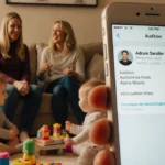 Nikki Glaser relaxing on couch with children playing near her feet and smartphone showing Adam Sandler message