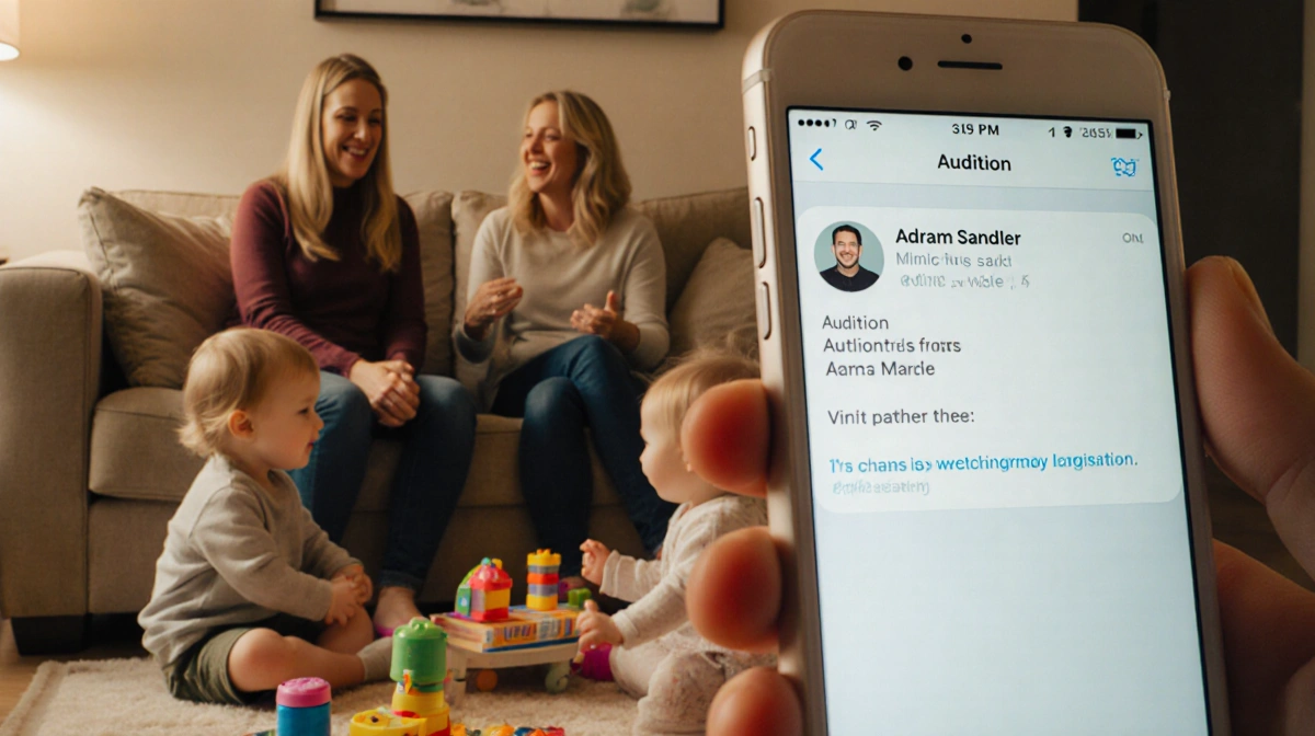 Nikki Glaser relaxing on couch with children playing near her feet and smartphone showing Adam Sandler message