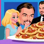 Nikki Glaser interviewing Leonardo DiCaprio on 90s talk show set with giant pasta plate and nervous host watching