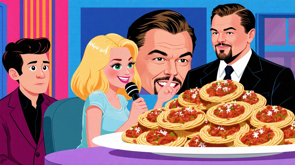 Nikki Glaser interviewing Leonardo DiCaprio on 90s talk show set with giant pasta plate and nervous host watching