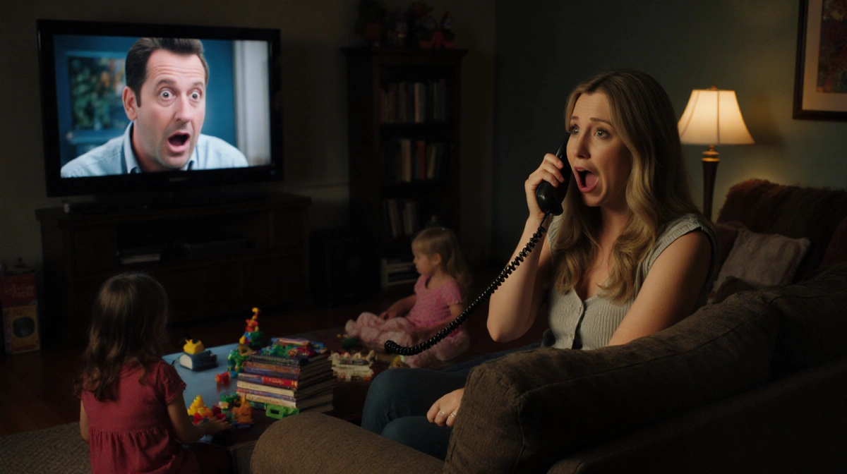 Nikki Glaser talking on phone with Adam Sandler's face in receiver and toys scattered on couch
