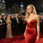 Nikki Glaser walks the Golden Globes red carpet in red gown with city lights and photographers behind her