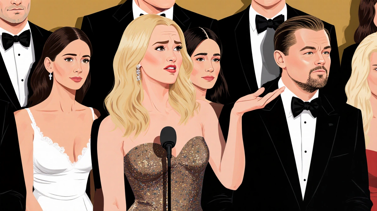Nikki Glaser roasting Leonardo DiCaprio at Golden Globes podium with sarcastic expression and uncomfortable celebrities watch