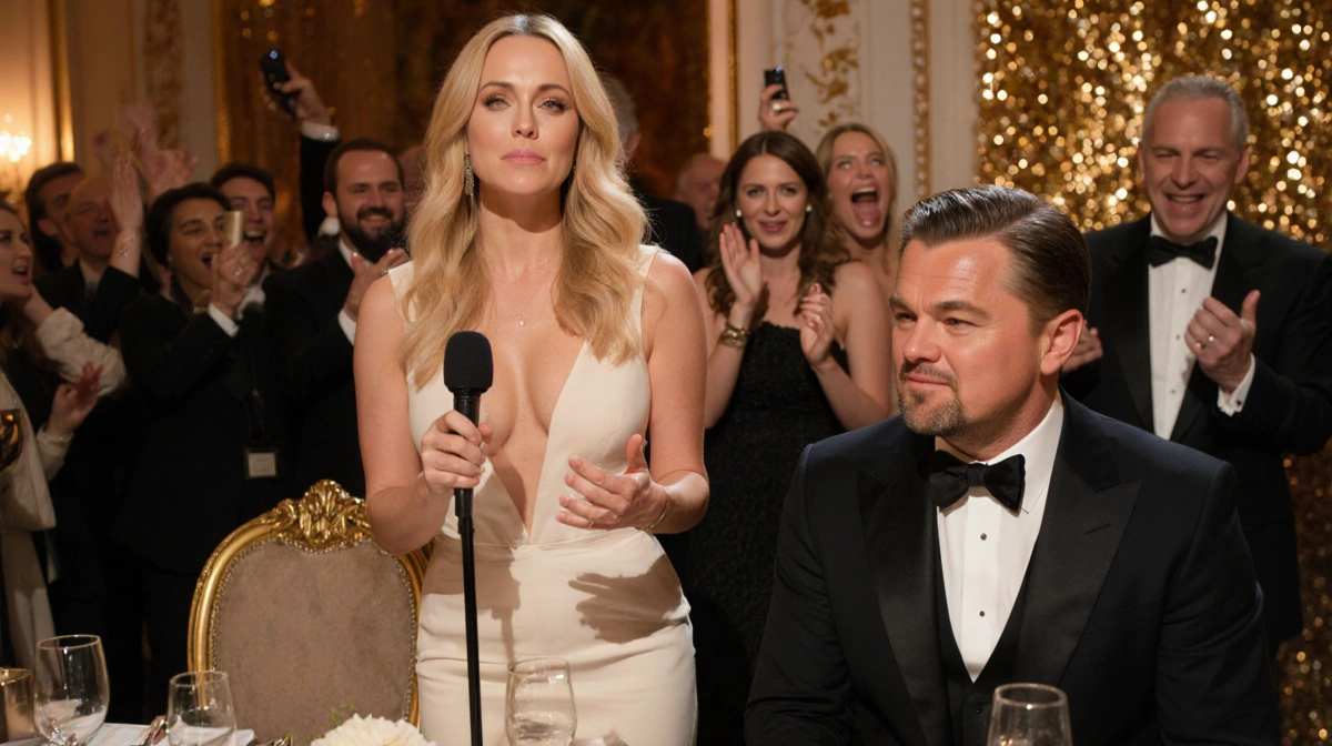 Nikki Glaser roasting Leonardo DiCaprio at golden awards show with Leo looking uncomfortable and crowd reacting
