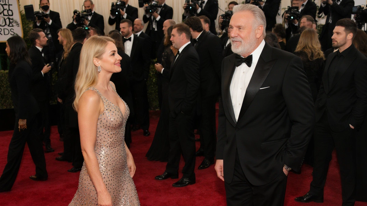 Nikki Glaser approaches Rob Reiner on the Golden Globes red carpet with celebrities mingling behind them