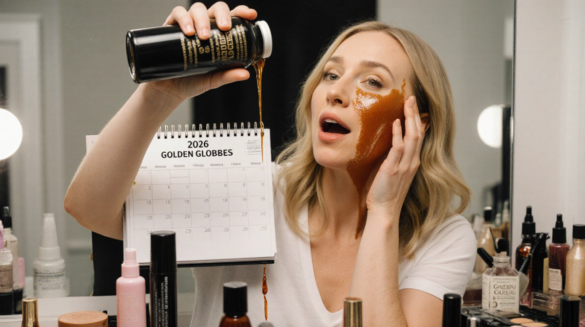 Nikki Glaser applying spray tan with bottle dripping on her face and Golden Globes calendar showing behind her