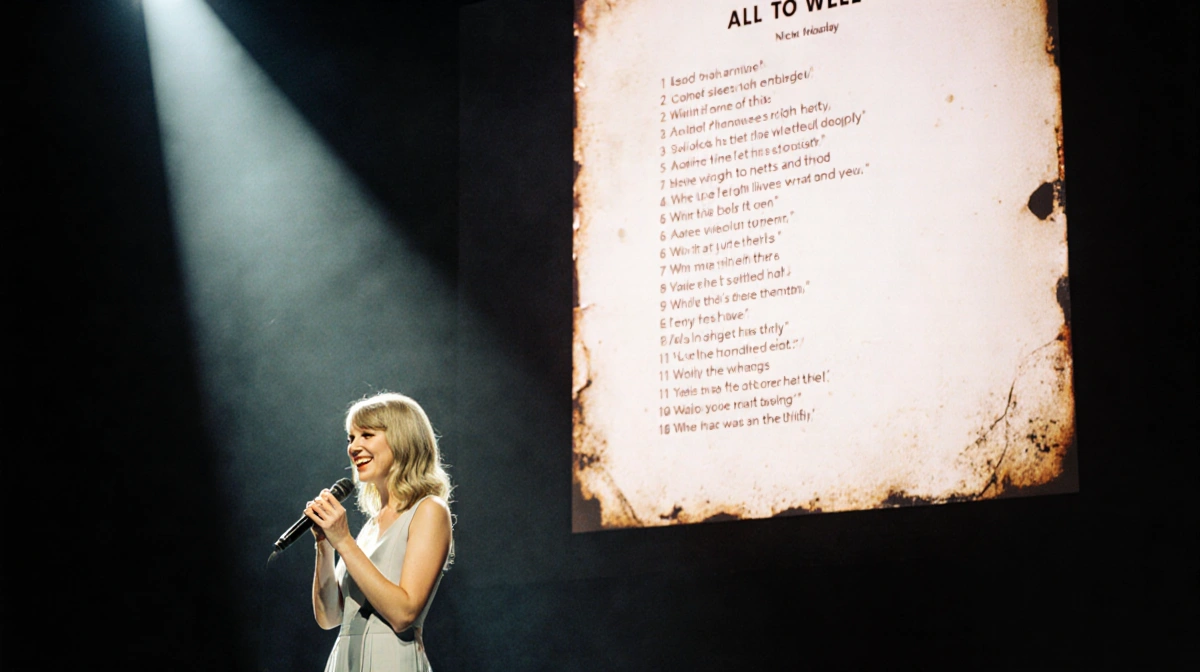 Nikki Glaser performing on stage with microphone and Taylor Swift lyrics on vintage screen behind her