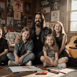 Nikki Sixx sits with his five children in a warm rustic living room with guitars and soft natural light.
