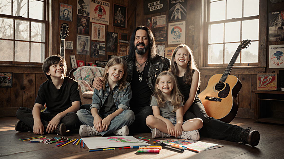 Nikki Sixx sits with his five children in a warm rustic living room with guitars and soft natural light.