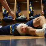 Nikola Jokic lying on locker room floor with swollen knee wrapped in ice and staff nearby