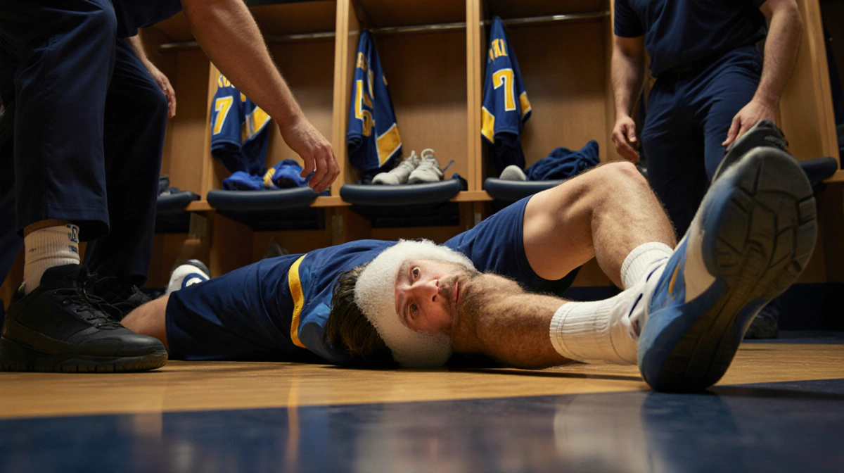 Nikola Jokic lying on locker room floor with swollen knee wrapped in ice and staff nearby