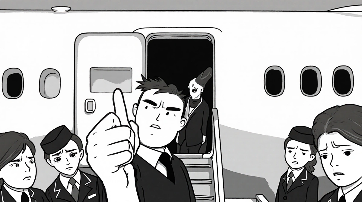 Nikprelaj gesturing defiantly at flight attendants near airplane exit with distressed passengers reacting in background