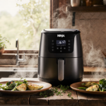 Ninja Air Fryer Pro cooks steaming veggies with fresh herbs on a rustic counter surrounded by golden plates in warm light
