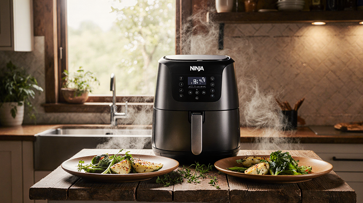 Ninja Air Fryer Pro cooks steaming veggies with fresh herbs on a rustic counter surrounded by golden plates in warm light