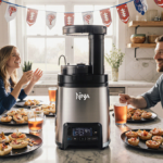 Ninja Foodi Smart XL cooks while guests chat around table with appetizers drinks and Super Bowl decorations