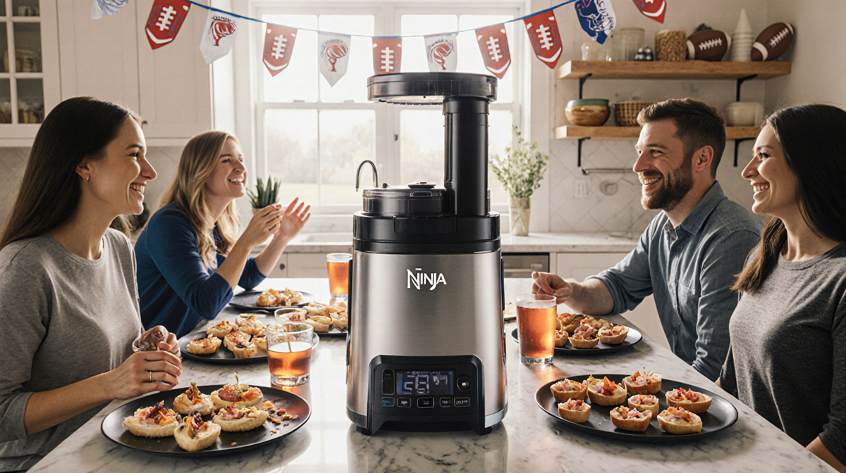 Ninja Foodi Smart XL cooks while guests chat around table with appetizers drinks and Super Bowl decorations