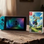 Nintendo Switch console showing Zelda game packaging with worn wooden table and warm glow