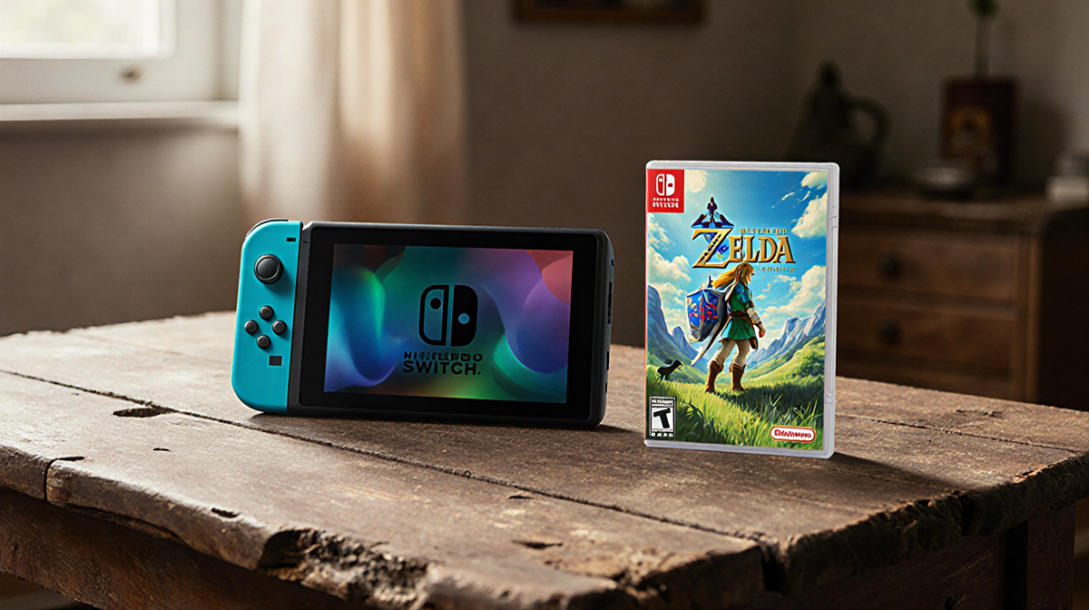 Nintendo Switch console showing Zelda game packaging with worn wooden table and warm glow