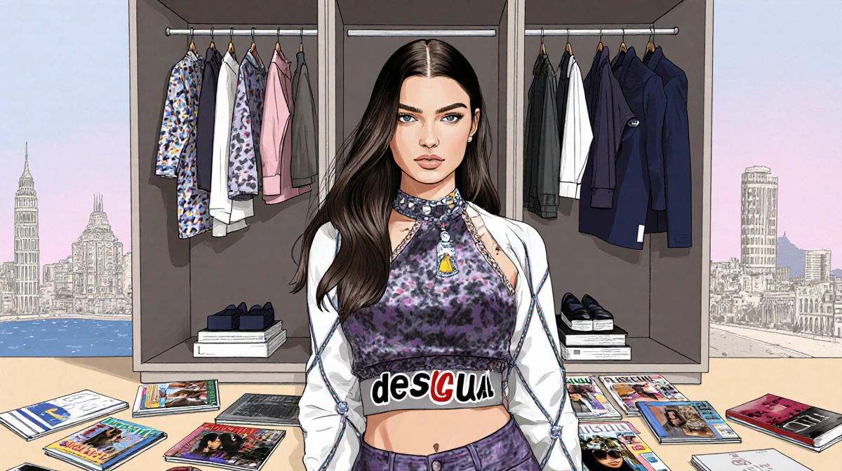 Nix standing confidently in front of a sleek modern wardrobe with Desigual accessories and a Barcelona skyline background