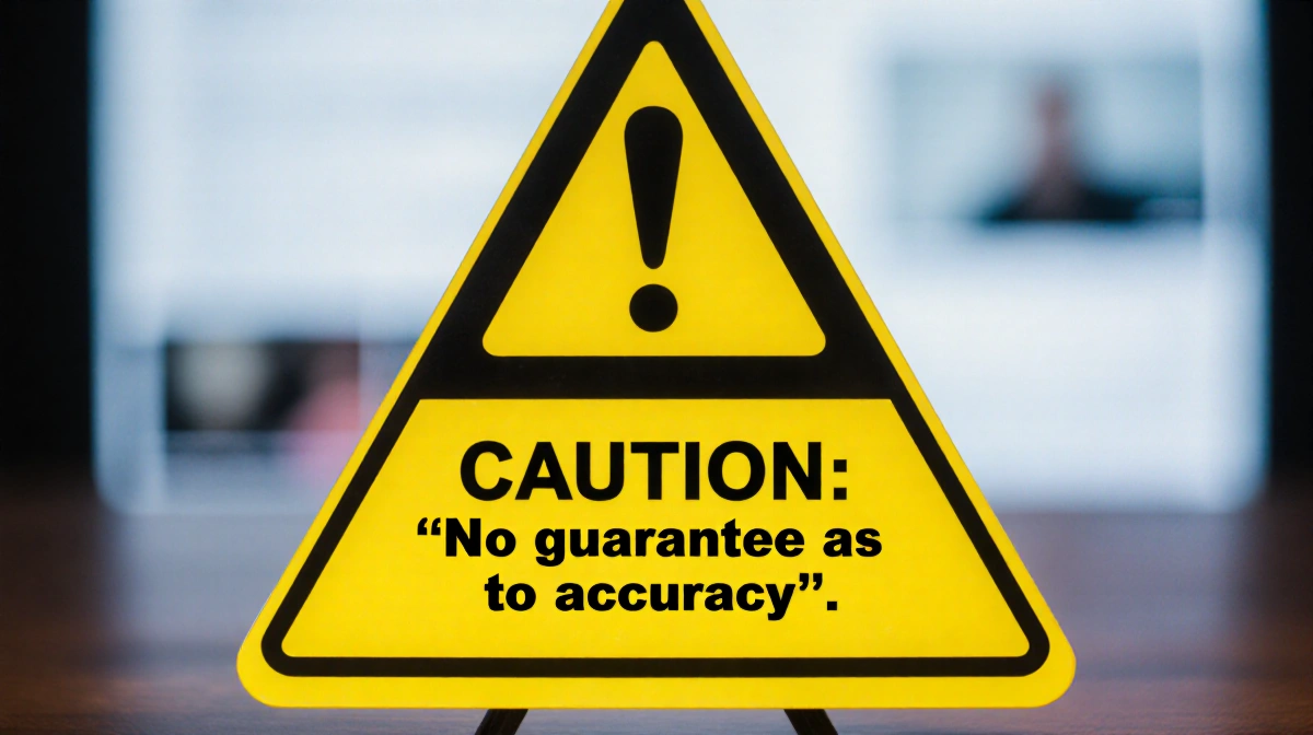 Warning sign reading No guarantee as to accuracy stands prominently with blurred interview clips and caption segments behind
