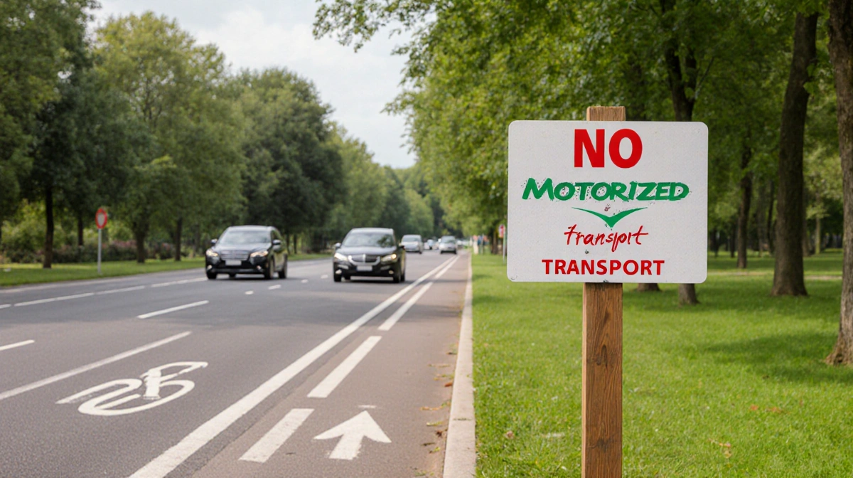Cars driving on park road with no motorized transport sign and bicycle lane visible