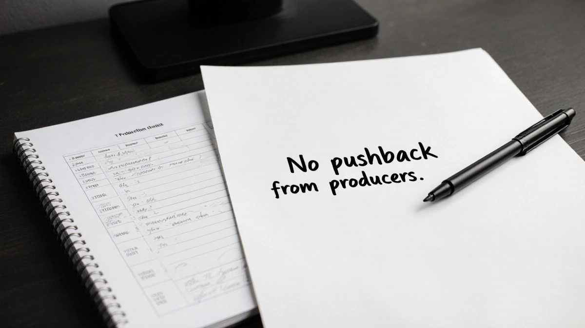 White paper reading 'No pushback from producers' with open notebook showing TV production schedule on minimalist desk