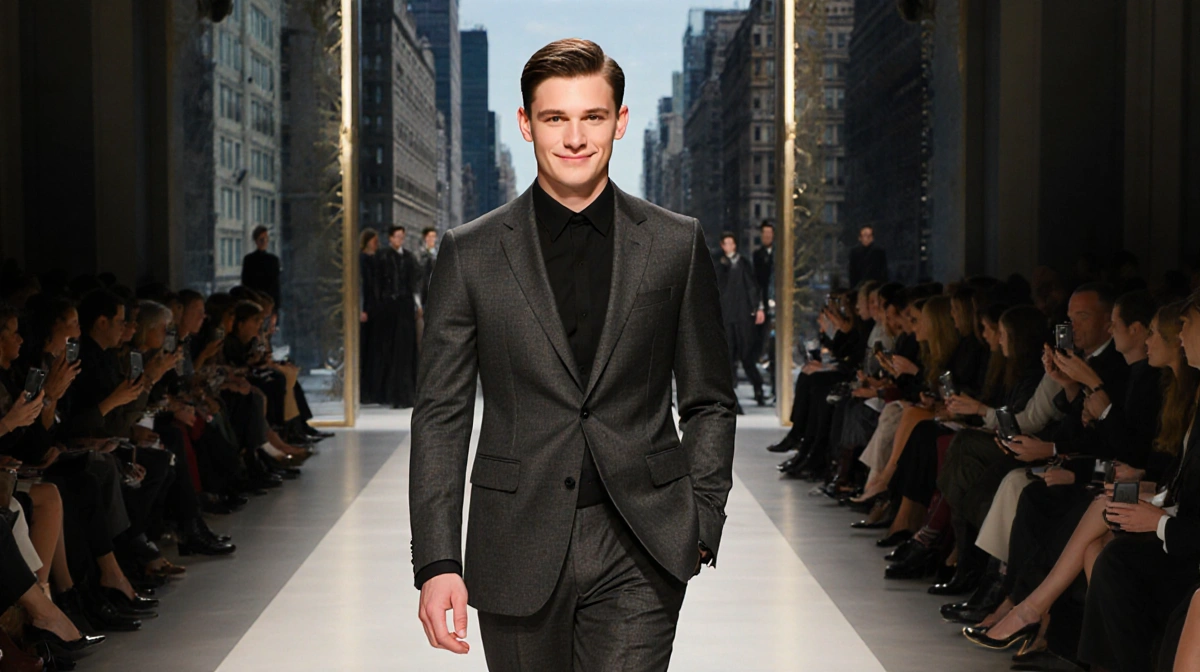 Noah Schnapp walks the Ralph Lauren runway with tailored charcoal suit and city skyline through windows