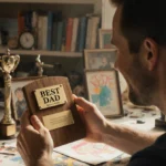 Noah Wyle holding his Best Dad award with family photos and kids artwork on desk behind him