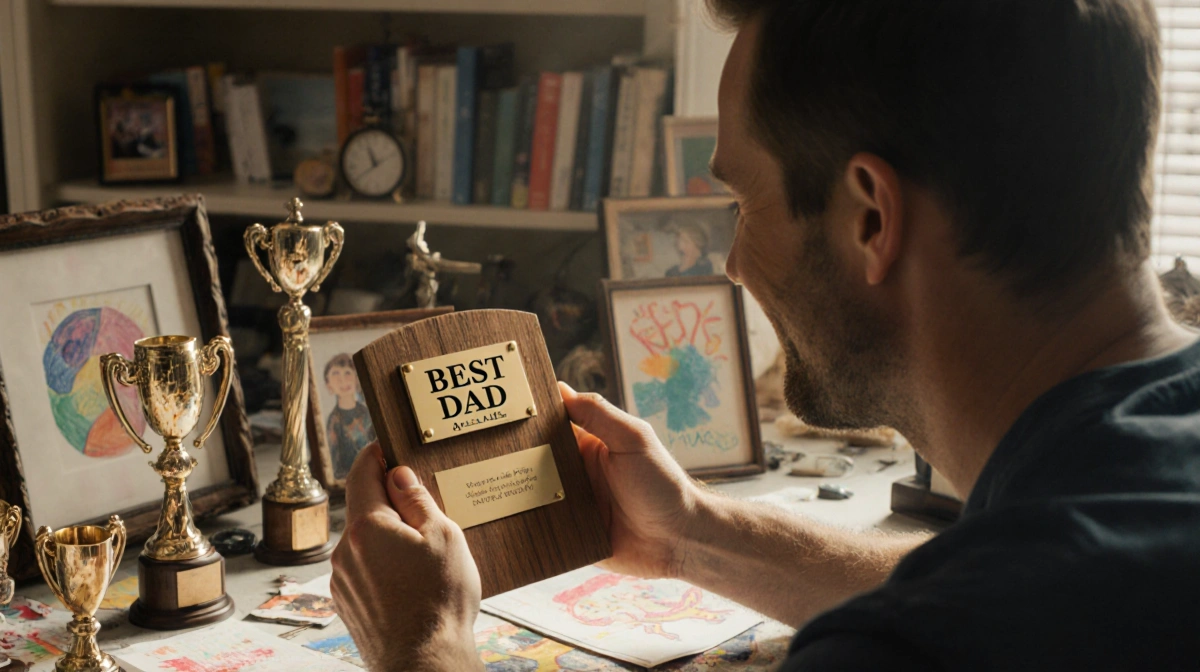 Noah Wyle holding his Best Dad award with family photos and kids artwork on desk behind him