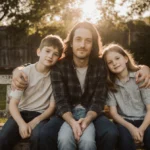 Noah Wyle sits with his three children on wooden bench with sunlight filtering through backyard trees