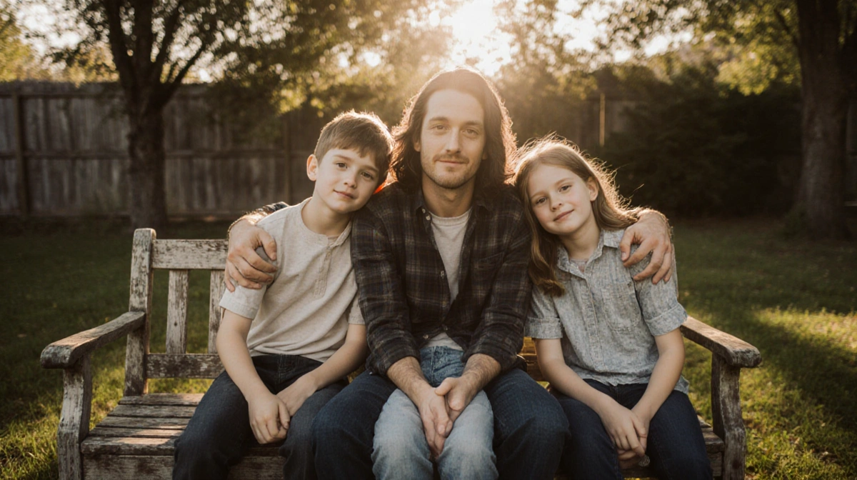 Noah Wyle sits with his three children on wooden bench with sunlight filtering through backyard trees