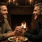 Noah Wyle and George Clooney sharing appetizers and laughter at candlelit dinner table with rustic fireplace behind